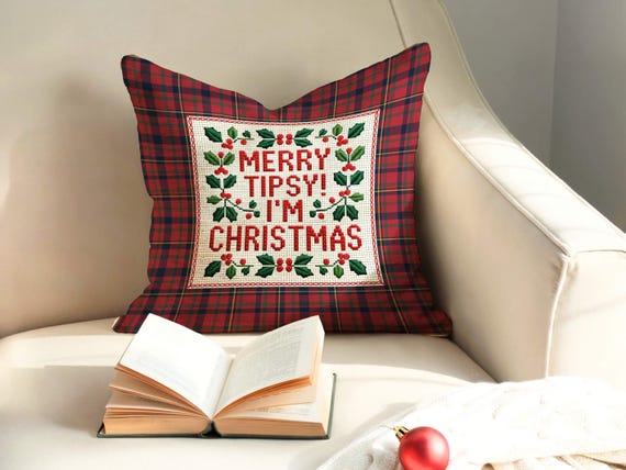 Holiday Throw Pillow in Classic Christmas Plaid Tartan Decor, Elegant Humorous Faux Needlepoint Pillow Christmas Accent Cushion Throw Pillow