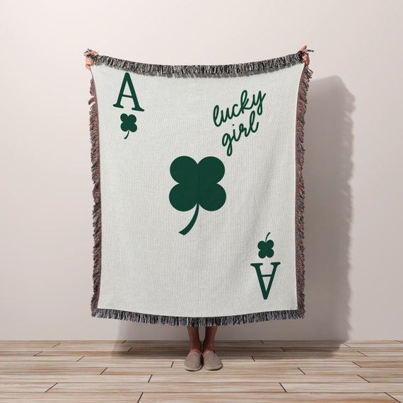 LUCKY GIRL Woven Throw Blanket Shamrock Ace Playing Card | Preppy Girly Aesthetic | Four Leaf Clover New Apartment Gift New Home Gift