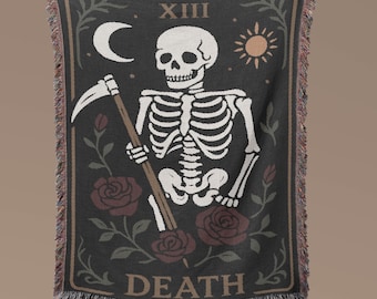 Gothic Woven Throw Blanket, Tarot Skeleton Dark Academia Tapestry, Witchy Boho Home Decor Tarot Card Wall Art Blanket
