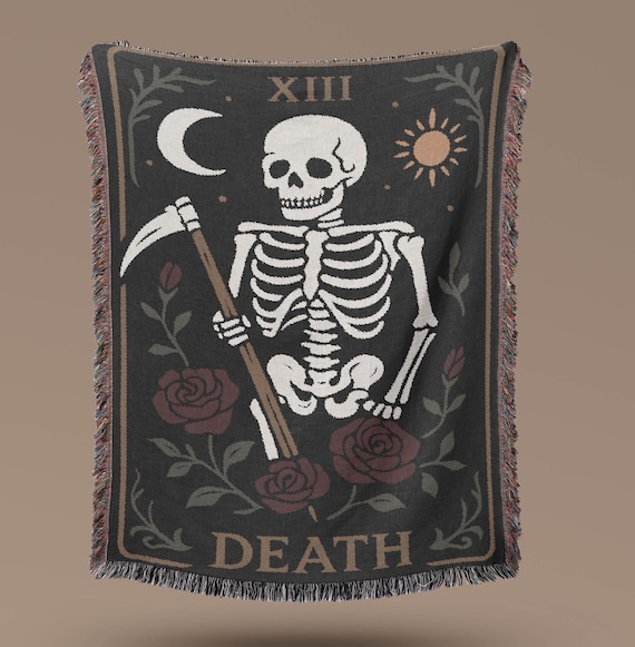 Gothic Woven Throw Blanket, Tarot Skeleton Dark Academia Tapestry, Witchy Boho Home Decor Tarot Card Wall Art Blanket