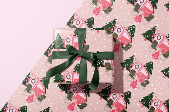 Retro Camper Christmas Holiday Wrapping Paper | Thick Quality Rolled Sheets | Groovy 70s Xmas Aesthetic, Cute Unique Gift Wrap, Pink Green