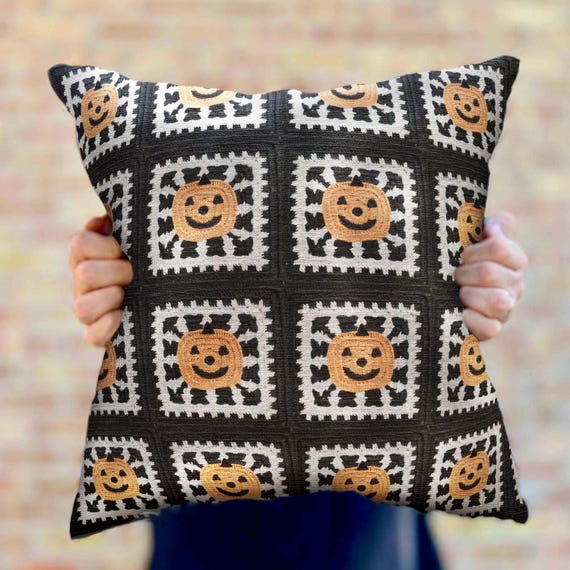 Halloween Pillow Pumpkin Granny Square Throw Pillow, Jack o' Lantern Halloween Decor, Cute Pumpkin Decor, Autumn Fall Living Room Decor Gift