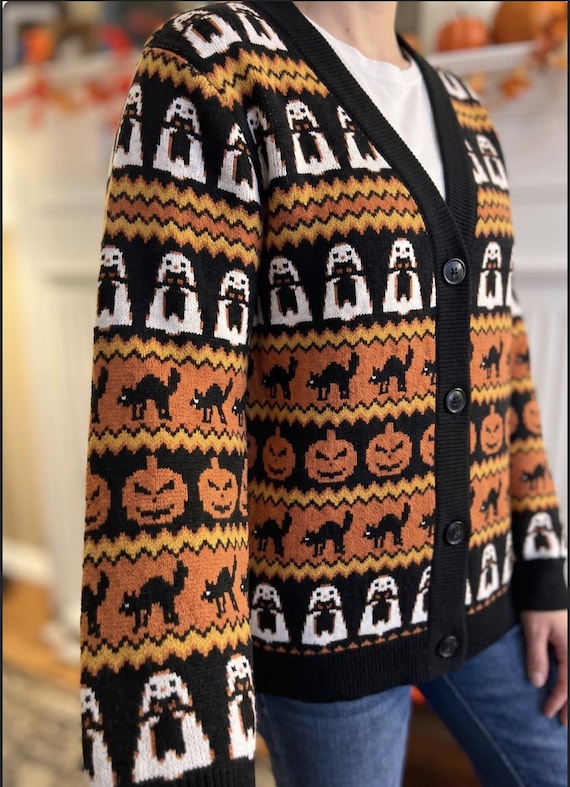 Halloween Cardigan Sweater, Fair Isle Knit with Ghost, Pumpkin, and Black Cat Pattern