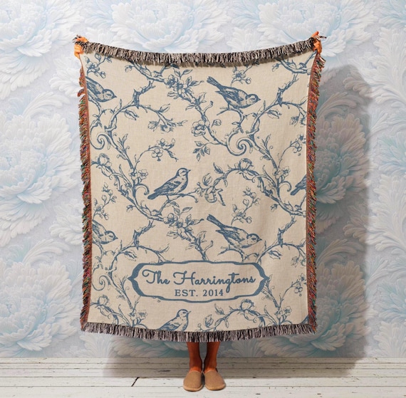 Personalized Chinoiserie Bird Woven Blanket | Custom Family Name Toile Throw | Anniversary Wedding Gift, Mother's Day Gift Cotton Home Decor