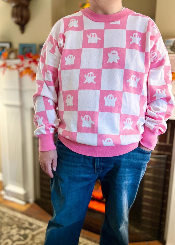Ghost Sweater Pink Halloween Knit Ghost Crewneck Sweater, Unisex Y2k Checkered Fall Knitwear Sweater Cozy Gift, Men Women Trick Treat Shirt