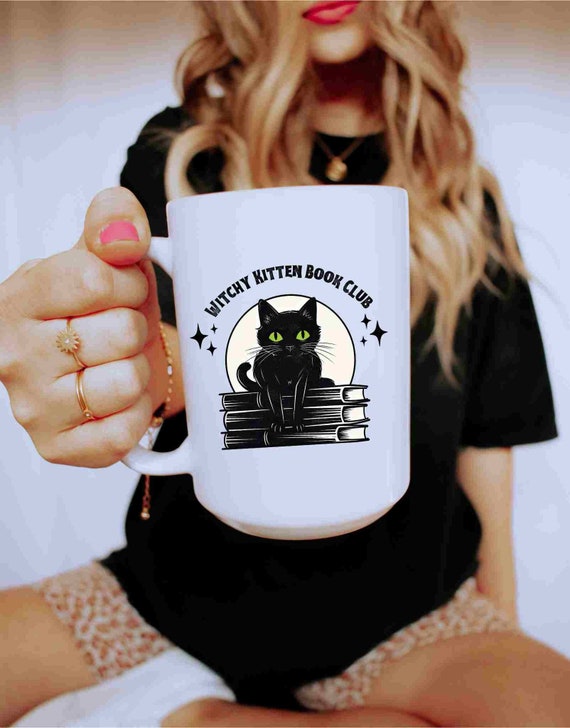 Black Cat Halloween Coffee Mug , Gift for Cat Moms Ceramic 15 ounce Cup, Book Lover Reader Gift Witchy Vibes Cute Kittens