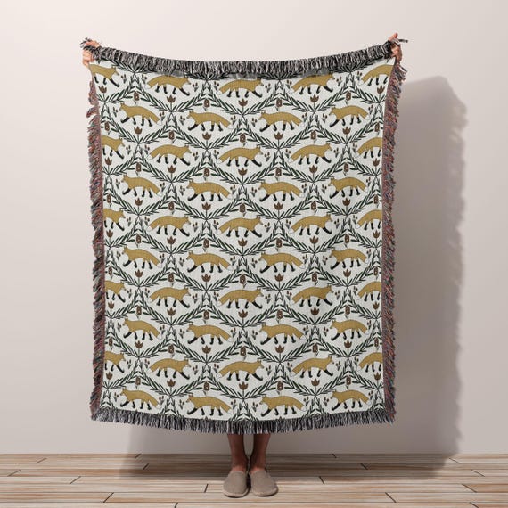 Fox Woven Throw Blanket, Cottagecore Bedding Woodland Forest Decor, Cabin Aesthetic Living Room Lodge Couch Blanket Made in the USA