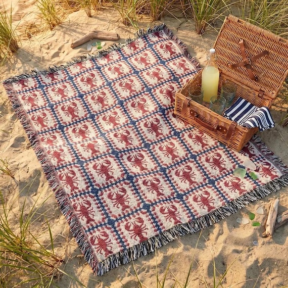 Lobster Woven Throw Blanket, Coastal Cottagecore Red White Blue Picnic Blanket Home Decor Patchwork Wall Tapestry