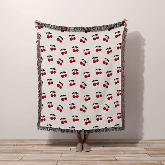 Woven Throw Blanket Cozy Cherry Stems | Cottagecore Blanket Cute Berries | Cotton Throw Blanket | Birthday Valentine Housewarming Gift