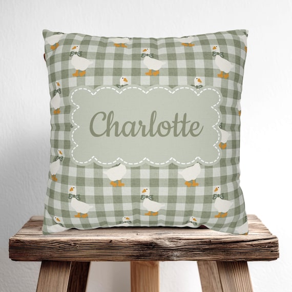 Personalized Goose Throw Pillow Sage Green Gingham Nursery Decor, Custom Baby Shower Gift