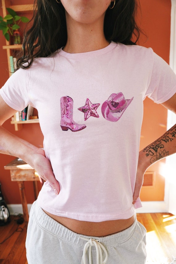 Y2K Baby Tee Disco Cowgirl Aesthetic t shirt, 2000s Crop Top T, Summer Pink Country Western Concert Tee, Cute Crop Top Disco Boot Hat Star
