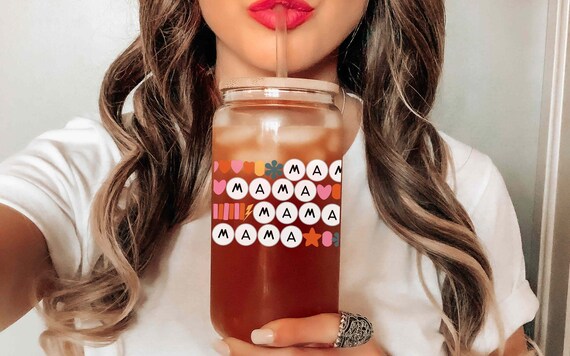 Mama Friendship Bracelet Glass Can Drink Tumbler Libbey Glass Straw and Lid Cute Mothers Day Gift Iced Coffee Lover Gift |