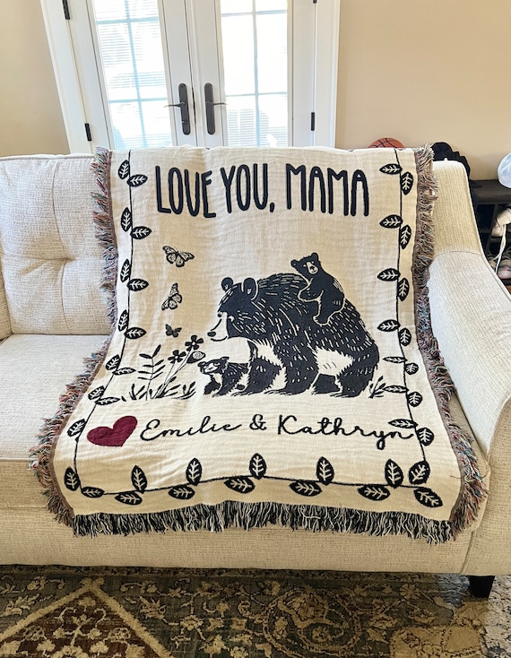 Custom Gift Blanket for Mom, Personalized Mother's Day Gift Idea for Grandma, Oma, Mimi, Momma, Wall Art Tapestry Floral Butterfly Bear Cub