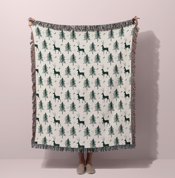 Christmas Tree Deer Woven Throw Blanket: Holiday Wall Tapestry