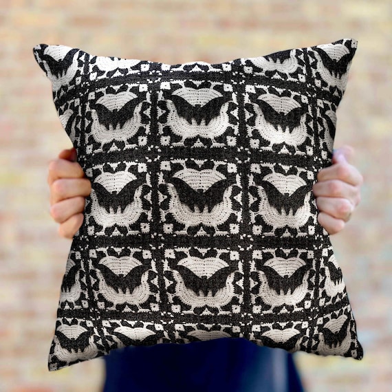 Bat Woven Throw Pillow, Gothic Home Decor Granny Square Aesthetic