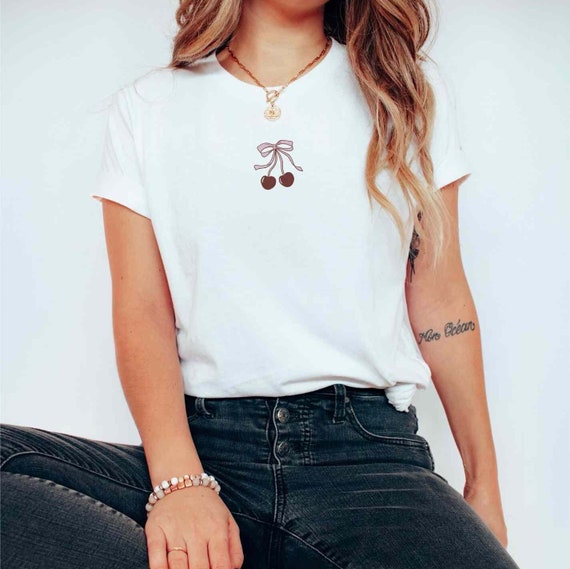 Embroidered Tshirt Coquette Bow with Cherries | Girly coquette Aesthetic | Y2K Trendy Shirt | Preppy Valentine Gift | Red Pink Bows