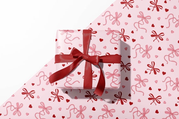 Valentine's Gift Wrapping Paper Sheets Pink and Red Bows and hearts