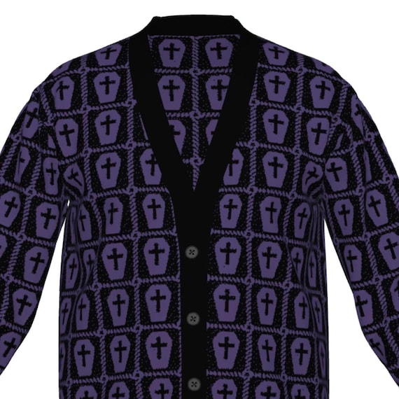Gothic Coffin Knit Cardigan Sweater Black White Granny Square Button Up Sweater Fashion Goth Witchy Clothing Dark Academia