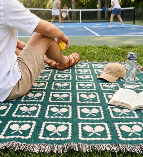 Pickleball Blanket & Wall Tapestry, Woven Cotton Throw, Granny Square Pickleball Home Decor, Gift for Player, Mom, Dad, Coach, Team
