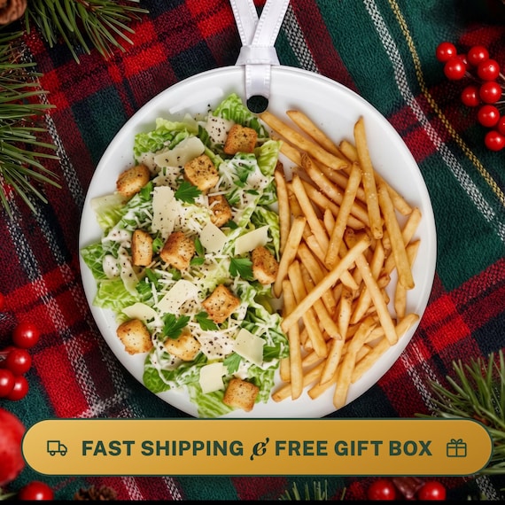 Funny Christmas Ornament, Caesar Salad and Fries Girl Dinner Photo Print, 3 Inch Ceramic