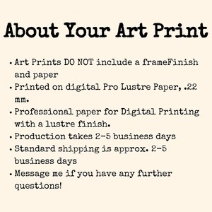 Puede incluir: Texto sobre impresiones de arte, indicando que no incluyen marco ni papel, que se imprimen en papel Pro Lustre digital, 22 mm, que es papel profesional para impresi&oacute;n digital con acabado lustroso, que la producci&oacute;n tarda de 2 a 5 d&iacute;as h&aacute;biles, que el env&iacute;o est&aacute;ndar es de aproximadamente 2 a 5 d&iacute;as h&aacute;biles, y que se debe enviar un mensaje si tiene alguna otra pregunta.