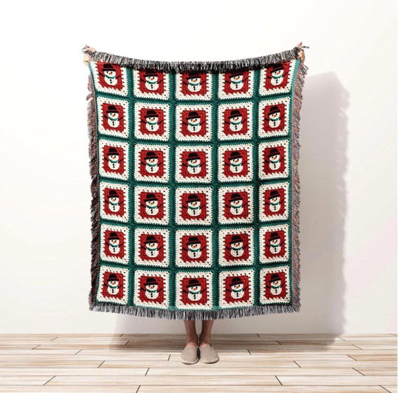 Cozy Winter Throw Blanket, Granny Square Snowman Cotton Blanket