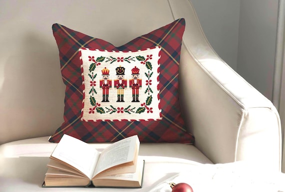Plaid Nutcracker Throw Pillow Cover, Classic Christmas Tartan Decor, Faux Needlepoint Pillow Christmas Accent Cushion, Cozy Preppy Christmas