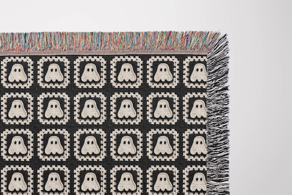 GHOST Granny Square Woven Throw Blanket Halloween Blanket Decor | Made in USA | Cozy Halloween Fall Autumn Dorm College Student Teen SPOOKY