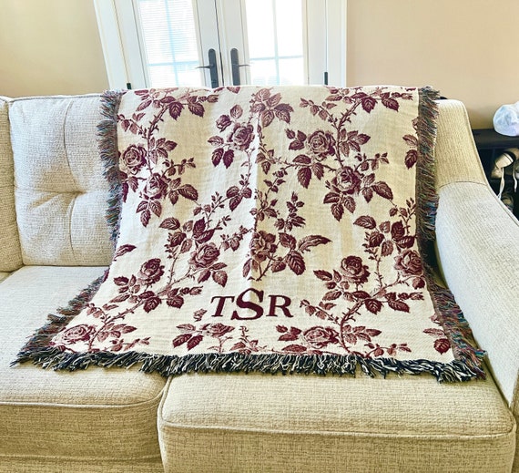 Monogram Woven Throw Blanket Blue White Chinoiserie Floral