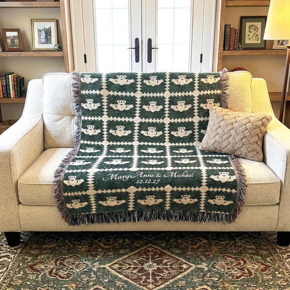 Personalized Claddagh Throw Blanket Irish Gift | Custom Name Date Woven Cotton | St Patricks Day Wedding Anniversary Heirloom Blanket