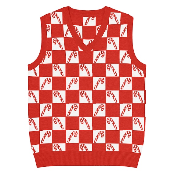 KNIT CHRISTMAS Sweater Vest: Cute Ugly Christmas Sweater, UNISEX Red White Holiday V Neck Sweater