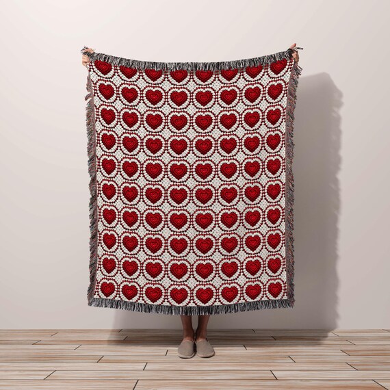 Cotton Throw Blanket Valentine Hearts, Anniversary Gift Valentines Gift for Wife, Trendy Rustic Granny Square Classic Red White Pattern