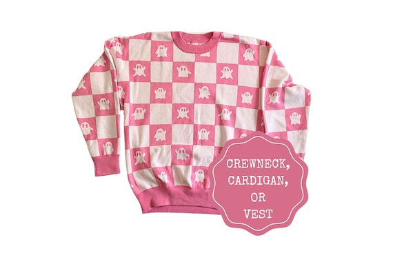 Pink Ghost Sweater Pastel Halloween Knit Ghost Cardigan or Knit Ghost Sweater Vest, Y2k Checkered Fall Knitwear Sweater Cozy Gift 2xs to 3x