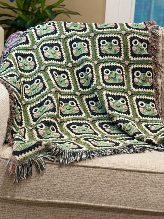 Cute Frog Granny Square Blanket Tapestry Wall Art, Woven Cotton Throw Blanket, Cottagecore Decor, Green Black White Pink