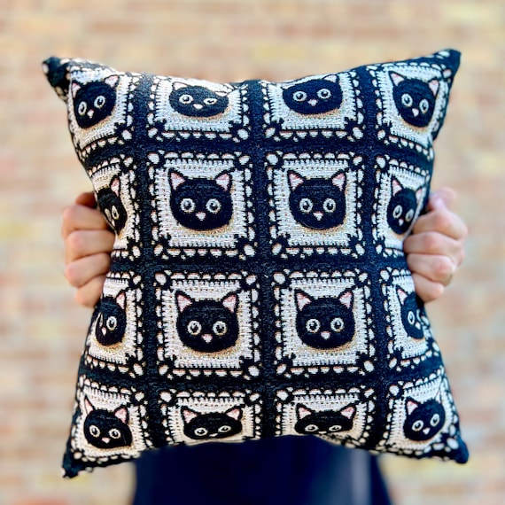 Woven Throw Pillow Black Cat Granny Square | Gift for Cat Mom Pillow Cushion | Unique Throw Pillow