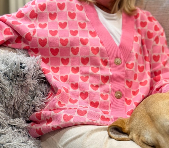 PINK KNIT CARDIGAN Sweater Checkerboard Hearts Pink Button Up Cardi Knitwear, Valentine Day Sweater, Cute Pink Cozy Kawaii