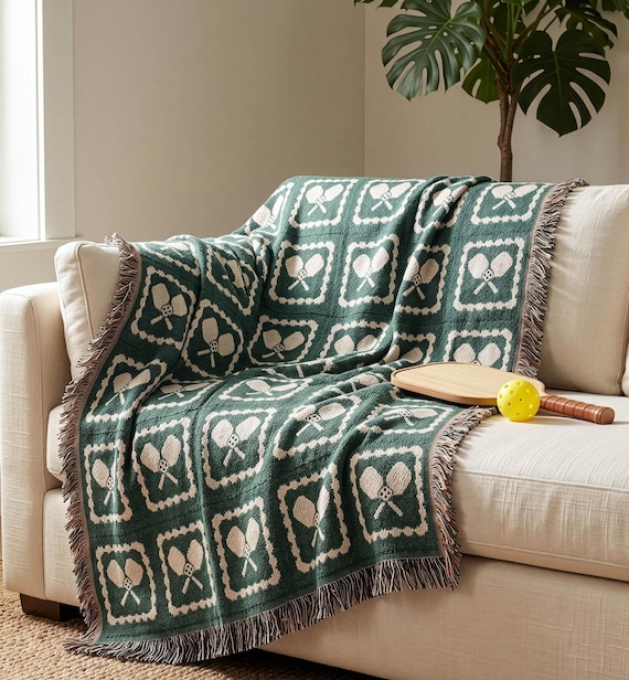 Pickleball Blanket & Wall Tapestry, Woven Cotton Throw, Granny Square Pickleball Home Decor, Gift for Player, Mom, Dad, Coach, Team