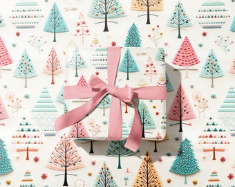May include: A white gift box with a pink ribbon tied in a bow. The box is wrapped in paper with a pattern of colorful Christmas trees.