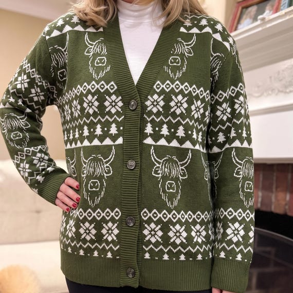 Highland Cow Cardigan, Christmas Fair Isle Sweater, Unisex Knit Crewneck, Navy Olive Red Toffee