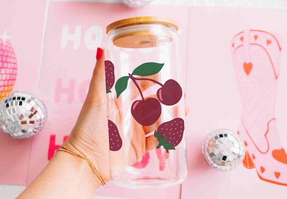Water Glass Can DISHWASHER SAFE Cherries and Strawberries Iced Coffee Glass Tumbler with lid, 16 oz glass cup, Cute Aesthetic Gift for Mom