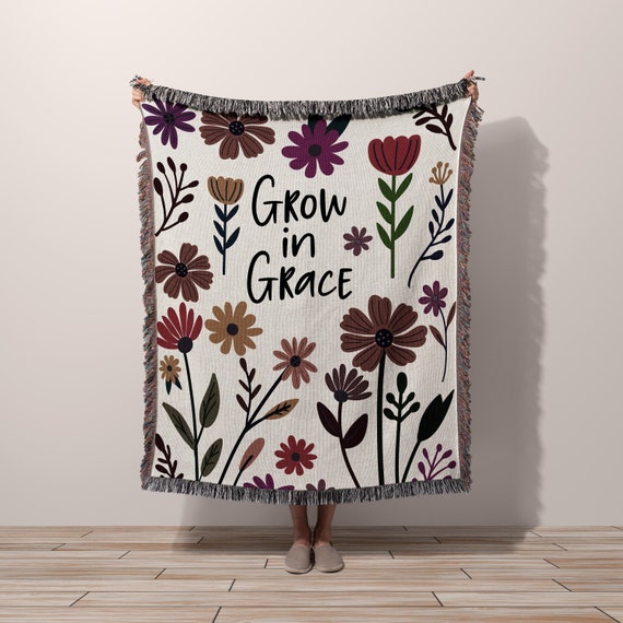 FLORAL Throw Blanket Wall Art Woven Tapestry, Grow in Grace Inspirational Quote, Christian Gift  Mom, Daughter, Sister, Niece Housewarming