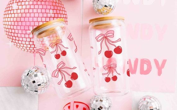 Water Glass Can Tumbler, Red Cherries Pink Bows 1 DISHWASHER SAFE Glass Cup Preppy Coquette Aesthetic 16 oz Glass Cup cute girly soft girl