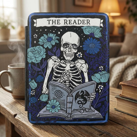 The Reader Tarot Kindle Case | Skeleton Floral Book Lover Cover (Fits Paperwhite 12th Gen)