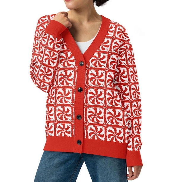 CHRISTMAS CARDIGAN SWEATER, Knit Granny Square Style Holiday Sweater, Ugly Christmas Sweater Party Outfit Christmas Peppermint Button Up