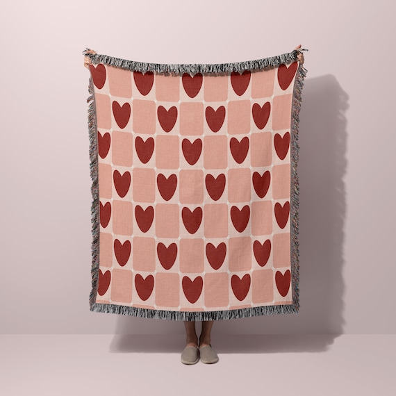 Checkered Hearts Woven Throw Blanket | Anniversary Gift Valentines Gift for Wife  Trendy Rustic Cozy Gift Granny Square Inspired Checker