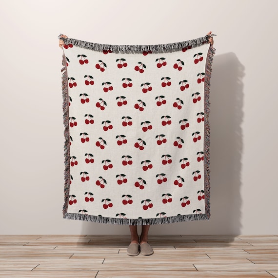 Coquette Room Decor Throw Blanket Cherry Stems | Cottagecore Blanket Cute Berries | Cotton Throw Blanket | Birthday, Housewarming Gift