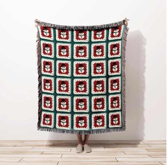 Cozy Winter Throw Blanket, Granny Square Snowman Cotton Blanket