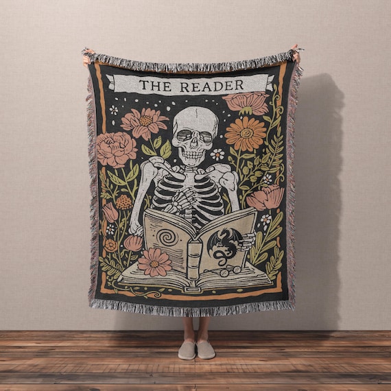 The Reader Tarot Woven Throw Blanket Book Lover Gift | Witchy Gothic Home Decor | Dark Academia Wall Hanging Tapestry