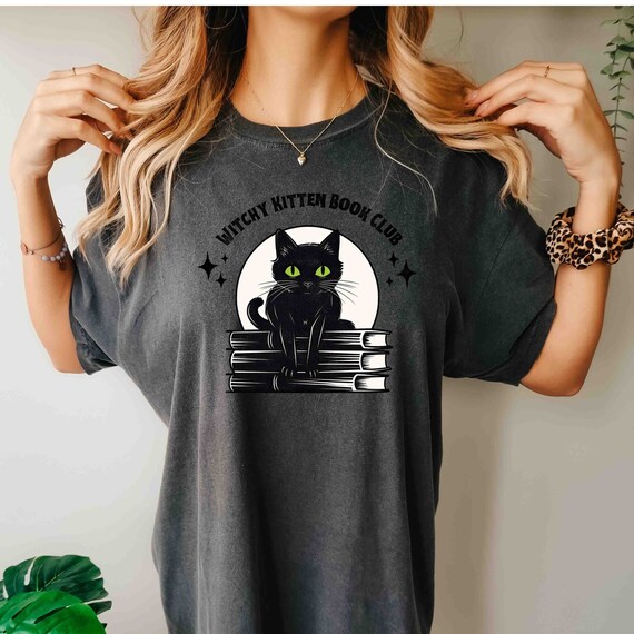 Black Cat Halloween T-shirt | Comfort Colors Unisex Soft Tee | Cute Cat Book Club | Cat Books Tee | Mystical Spell Book Gift for Her
