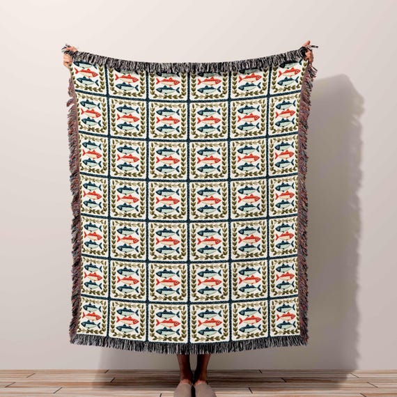 Fish Wall Tapestry Blanket - Lake House Nautical Throw & Fishing Wall Art Made in USA